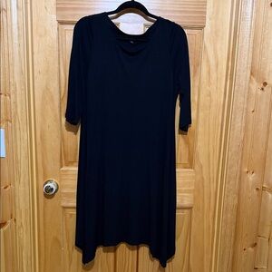 Eileen Fisher Black Midi Handkerchief Hem Dress, 3/4 Sleeves, Petite Large.